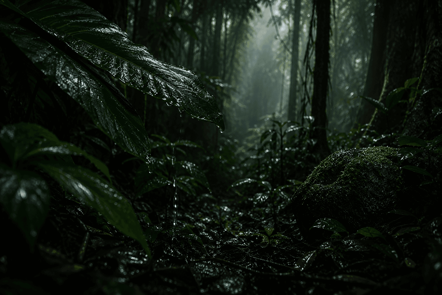 Rain-soaked rainforest canopy with soft mist.
