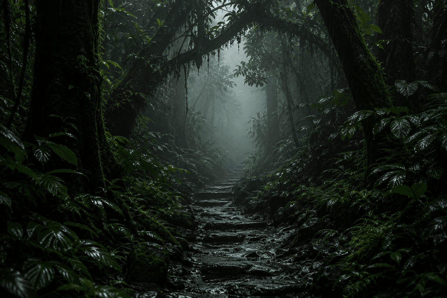 Stone forest path with soft filtered light.