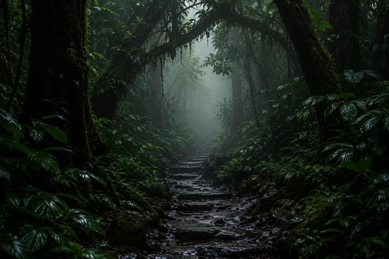 Stone forest path with soft filtered light.